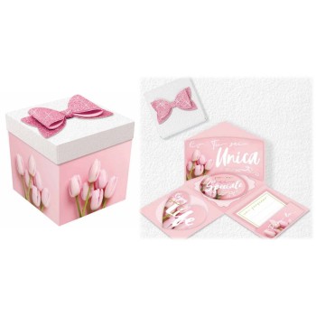 Scatola sorpresa Skatush Box Cm. 11x11x11 con fiocco glitter - Tulipani