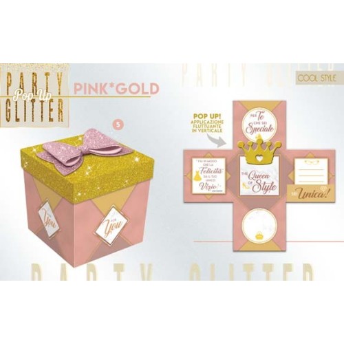 Scatola sorpresa Skatush Box Cm. 11x11x11 con coperchio glitter - Pink & Gold