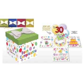 Scatola sorpresa Skatush Box Cm. 11x11x11 con coperchio glitter - Buon Compleanno - 30 anni - Colori assortiti
