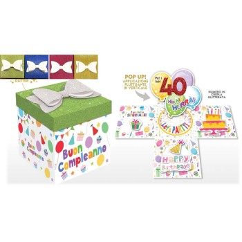 Scatola sorpresa Skatush Box Cm. 11x11x11 con coperchio glitter - Buon Compleanno - 40 anni - Colori assortiti