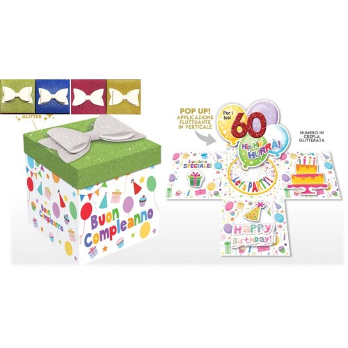 Scatola sorpresa Skatush Box Cm. 11x11x11 con coperchio glitter - Buon Compleanno - 60 anni - Colori assortiti