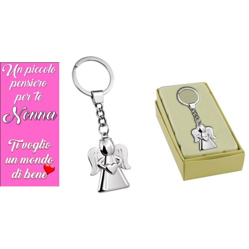 Portachiavi metallo "Angelo con cuore" in scatolina regalo - Nonna