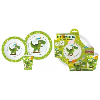 Set 3 pezzi (Piatto piano + fondo + bicchiere) micro Dinosauro simpatico