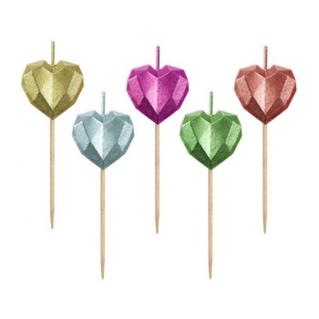 Candeline per torta pick «Cuori diamante» metallizzate – Blister 5 pz