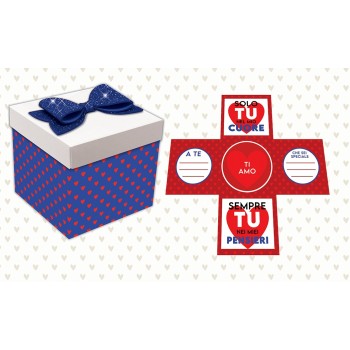 Scatola sorpresa Skatush Box Cm. 11x11x11 con fiocco glitter - Love blu e rossa