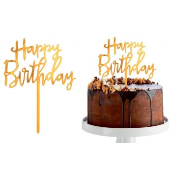 Cake topper acrilico dorato Cm. 14x10 – Happy Birthday