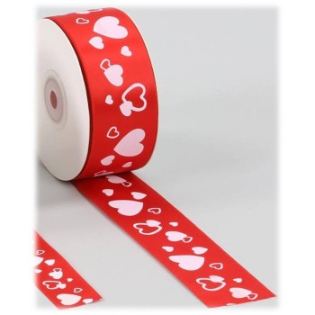 Nastro raso rosso stampato cuoricini 25 mm x 25 yds