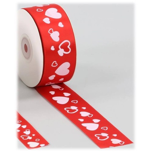 Nastro raso rosso stampato cuoricini 25 mm x 25 yds