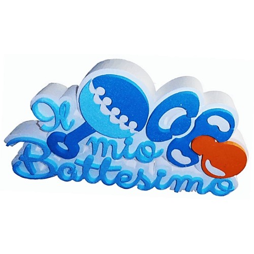 Scritta polistirolo "Il mio battesimo" celeste con sonaglino Cm. 21x39