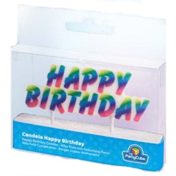 Candelina per torta scirtta Happy Birthday arcobaleno