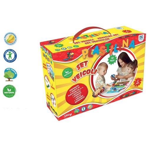 Set regalo "Veicoli" con 6 vasetti plastilina da 40 gr. + 3 strumenti + 1 scenario