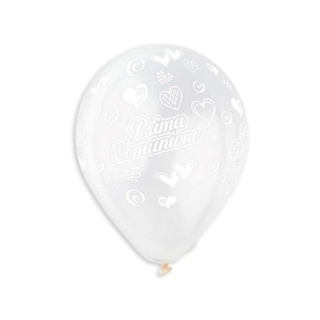 Palloncini lattice 12" Cm. 30 Gemar - Prima Comunione bianco con cuori - Confezione 100 pezzi