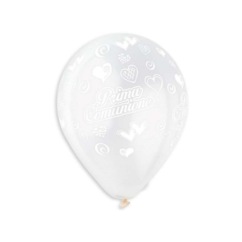 Palloncini lattice 12" Cm. 30 Gemar - Prima Comunione bianco con cuori - Confezione 100 pezzi