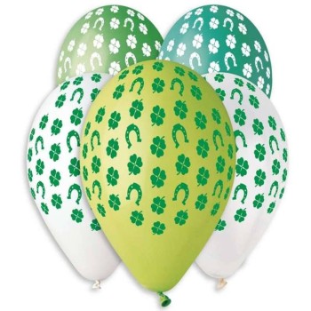 Palloncino lattice 12" Cm. 30 Gemar - Portafortuna Quadrifoglio e ferro di cavallo - Multicolor - Blister 10 pezzi
