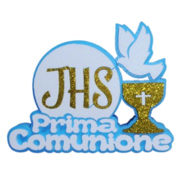 Scritta polistirolo Prima Comunione JHS con colomba Cm. 28x37 - Celeste