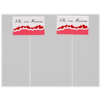 Set 12 pick in legno "Alla mia mamma" bianco e rosso