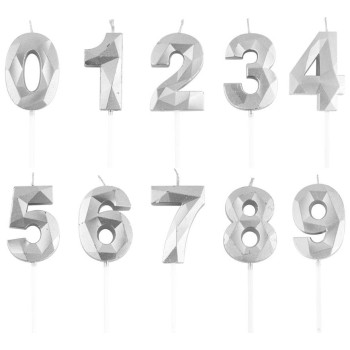 Candeline per torta numero "Diamond" - Silver - Numeri da 0 a 9