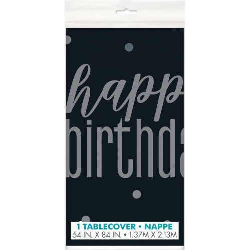 Tovaglia plastificata Cm. 137x213 - Happy Birthday Black&Silver