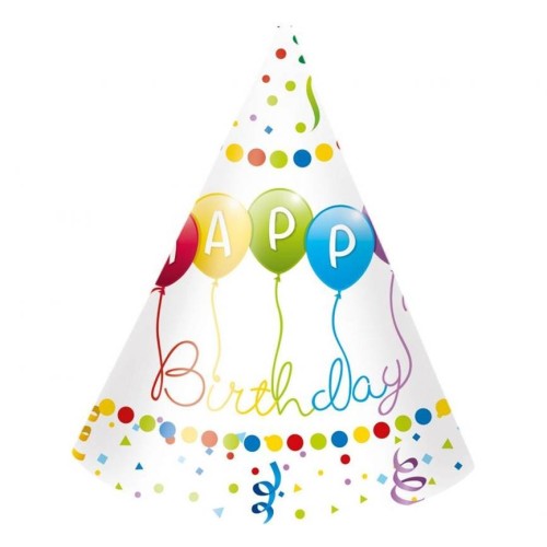 Cappellino cono party Happy Birthday - Blister 6 pezzi
