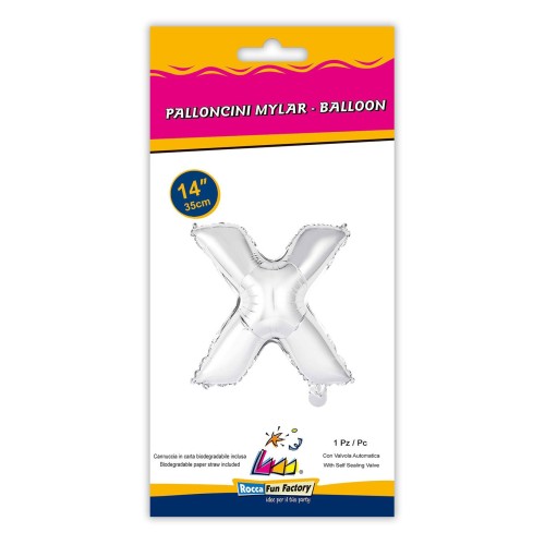 Palloncino mylar 14" Cm. 35 con valvola - Argento Silver - Lettera X
