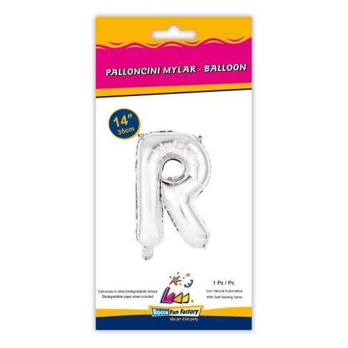 Palloncino mylar 14" Cm. 35 con valvola - Argento Silver - Lettera R