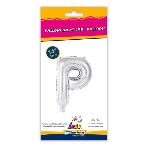Palloncino mylar 14" Cm. 35 con valvola - Argento Silver - Lettera P