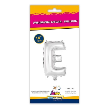 Palloncino mylar 14" Cm. 35 con valvola - Argento Silver - Lettera E 2