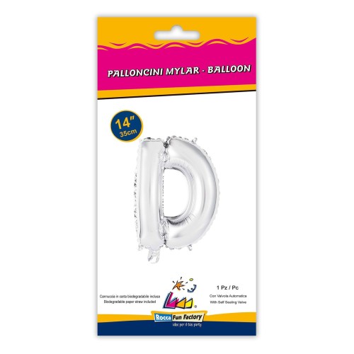 Palloncino mylar 14" Cm. 35 con valvola - Argento Silver - Lettera D