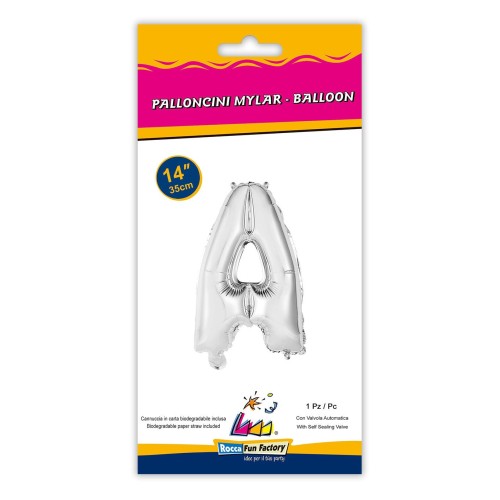 Palloncino mylar 14" Cm. 35 con valvola - Argento Silver - Lettera A
