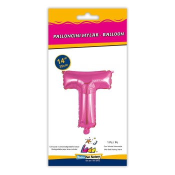 Palloncino mylar 14" Cm. 35 con valvola - Fuxia - Lettera T 2