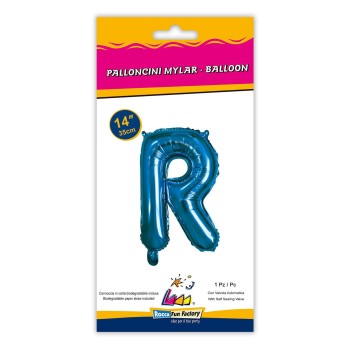 Palloncino mylar 14" Cm. 35 con valvola - Blu - Lettera R 2