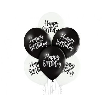 Palloncini lattice 11'' Cm. 30 Happy Birthday Bianco e nero - Blister 6 pezzi