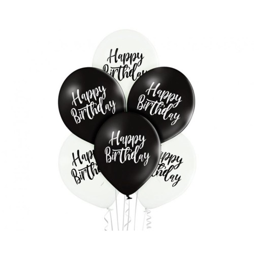 Palloncini lattice 11'' Cm. 30 Happy Birthday Bianco e nero - Blister 6 pezzi