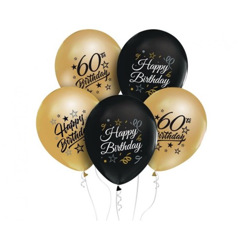 Palloncini lattice 12'' nero e oro gold "60" - Blister 6 pezzi