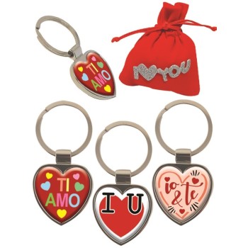 Portachiavi cuore con placca resinata Love in sacchetto regalo - Soggetti assortiti