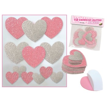 Set 12 Cuoricini glitterati adesivi Cm. 5 e Cm. 3