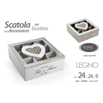 Scatola legno porta The 9 scomparti con cuore Cm. 24x24x9