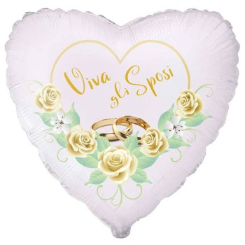 Palloncino mylar 18" Cm. 45 - Cuore Viva gli sposi fedi e...