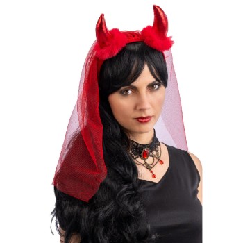 Cerchietto diavolo rosso con marabout e velo in tulle
