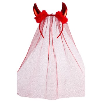 Cerchietto diavolo rosso con marabout e velo in tulle 2