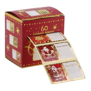 Set 60 etichette adesive natalizie in scatolina Cm. 6x3,5