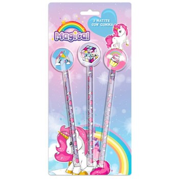 Blister 3 matite con gomma - Unicorno