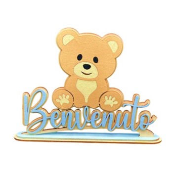 Scritta legno artigianale "Benvenuto" con orsetto Cm. 33x24