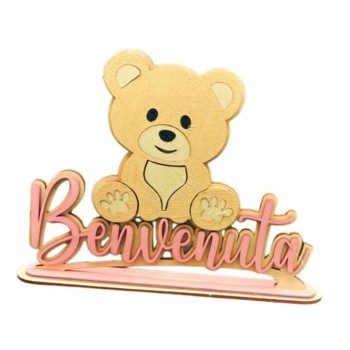 Scritta legno artigianale "Benvenuta" con orsetto Cm. 33x24
