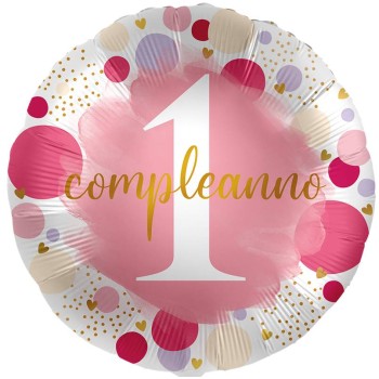 Palloncino mylar 18'' Cm. 45 - Rotondo - 1° Compleanno rosa
