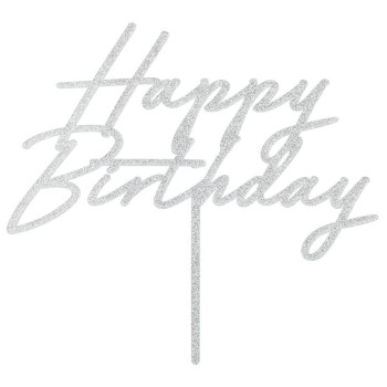 Cake Topper acrilico "Happy Birthday" Cm. 18x16,5 - Silver