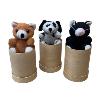 Peluche animaletti Cm. 8 in scatolina cilindro legno -...