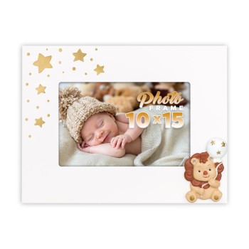Portafoto in legno bianco con leoncino rilievo Cm. 22x17...