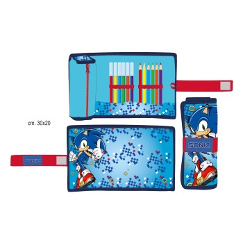 Astuccio roll con matite colorate e pennarelli - Sonic