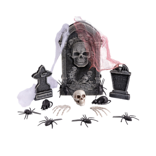 Set decorativo cimitero con lapide, ragni e...